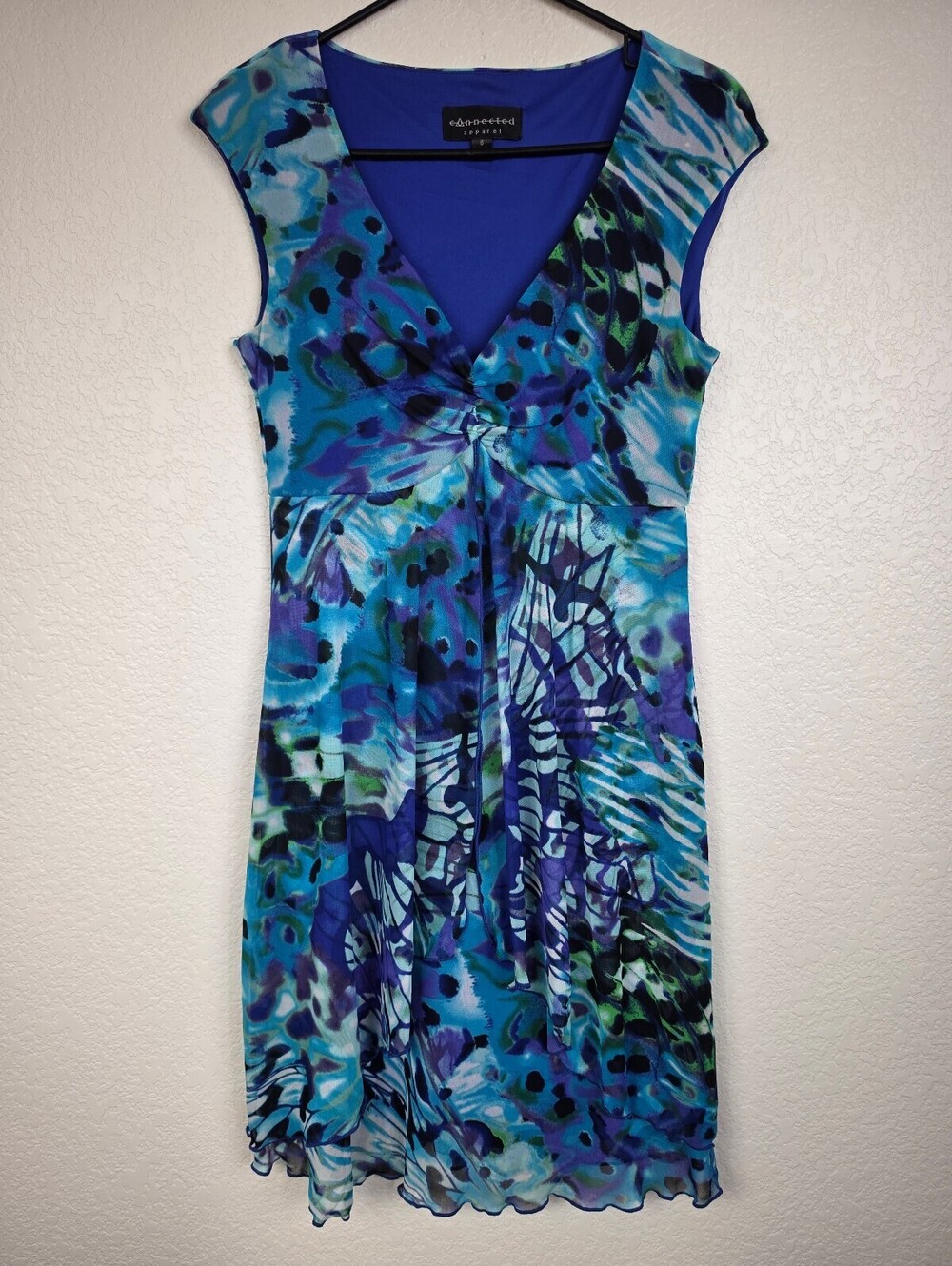 Connected Apparel Blue Patterned V-Neck Dress Size 6 Y2K